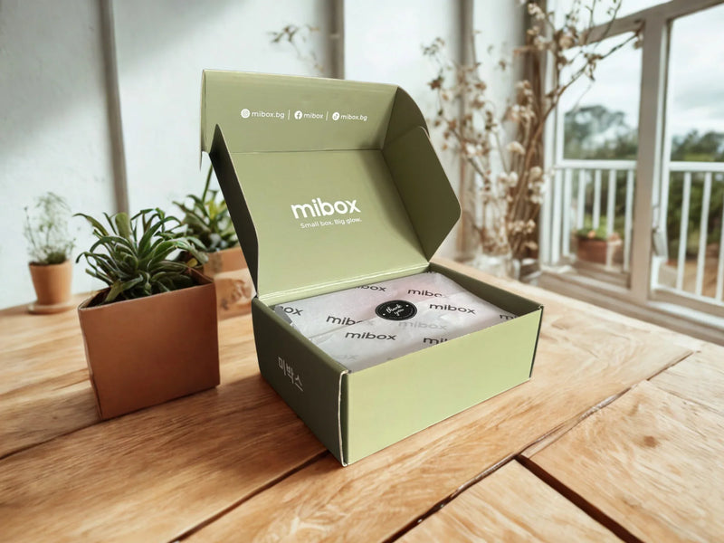 Отворена кутия за корейска козметика Mibox на дървена маса, с растения на заден план